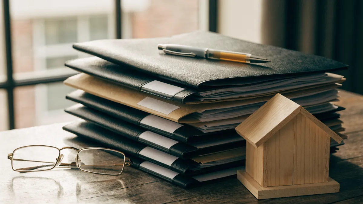 A stack of property document folders with a pen, glasses and a small wooden model house