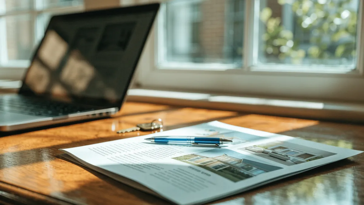 A home buyer’s desk with a laptop, a property brochure, a pen and a house key