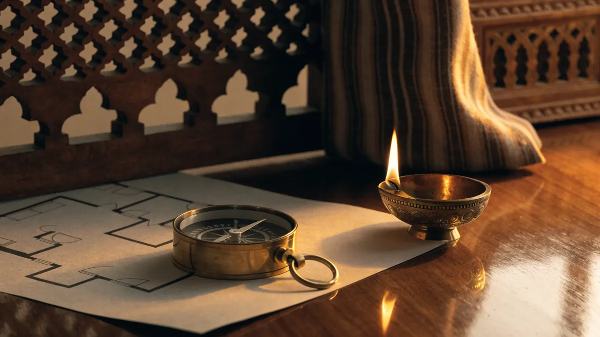 A brass compass on an apartment floor plan beside a lit brass diya lamp