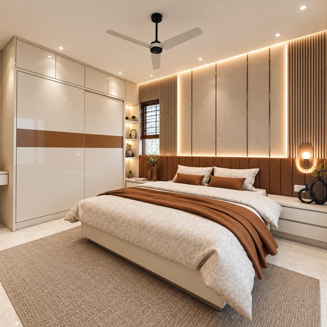 Minimalist bedroom featuring clean lines and serene ambiance.