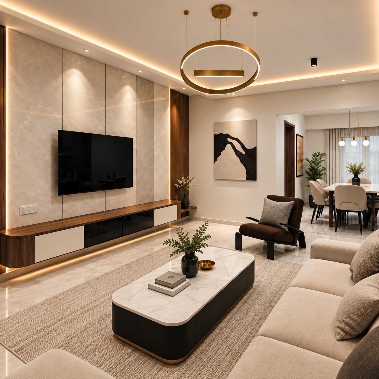 Elegant living and dining room with contemporary furniture and natural light.