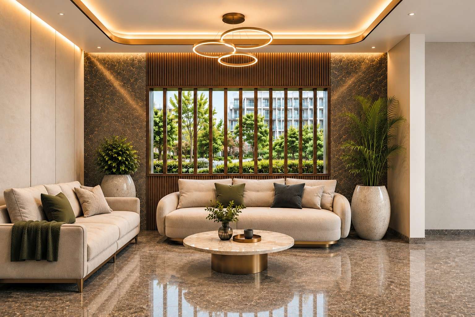 Neutral-toned family room with comfortable seating and white furniture.
